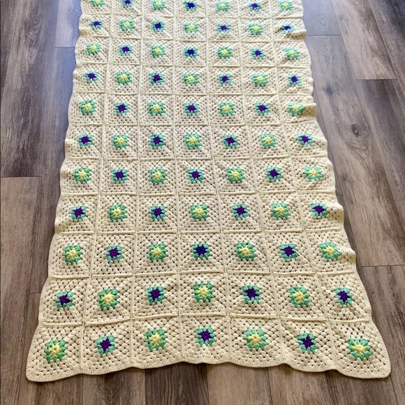Vintage Granny Square Crochet Afghan Blanket Purple & Yellow 3D Flowers 79”x43” - Picture 5 of 6